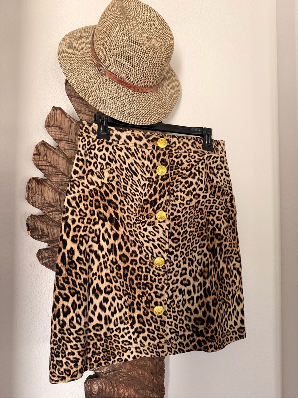 KAREN KANE Leopard Print Button-Front A-Line stretch Skirt Sz 6
